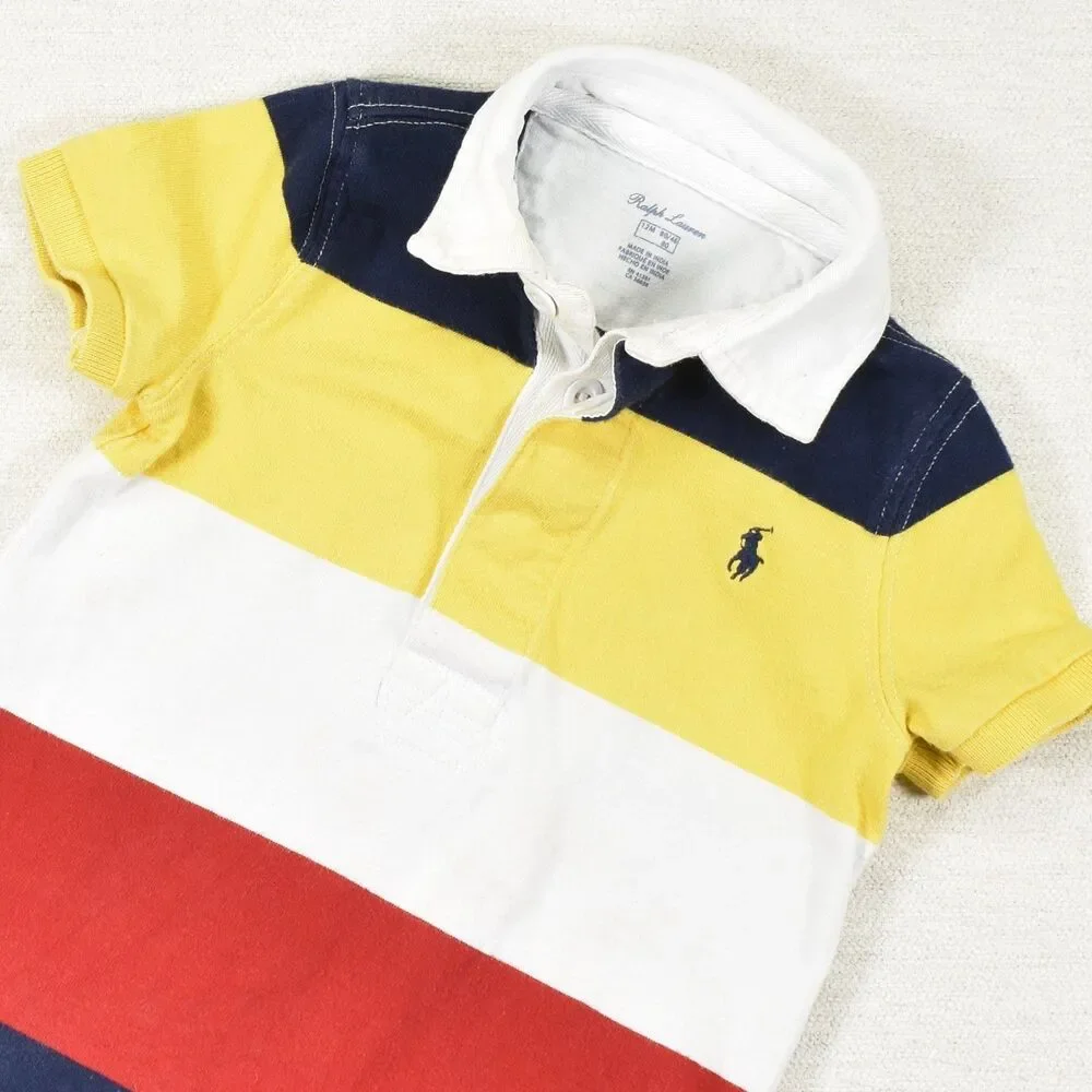 Ralph Lauren Baby Boy Polo Romper 12M Rugby Stripe Shortall One Piece Colorblock